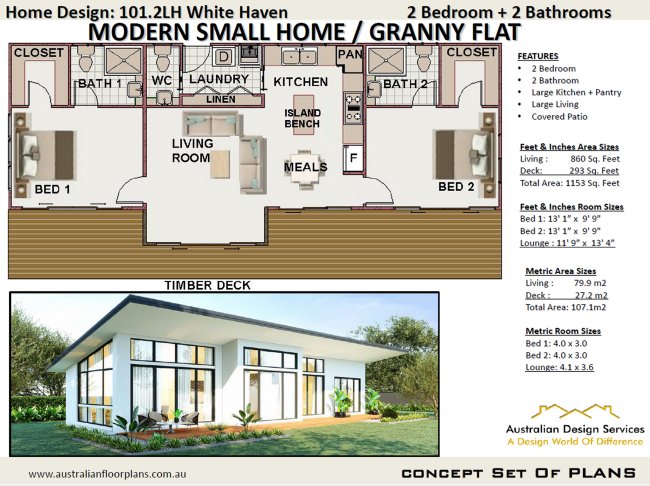 Modern 2 Bedroom Home Plan:101.2LH White Haven